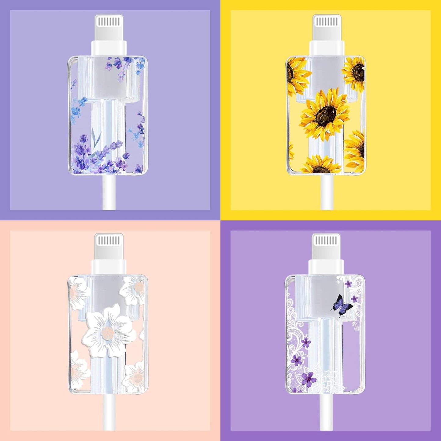 Flower Floral Lightning Cable Protector for Iphone Type-C Charger,Cute Lavender Sunflower Lace Blossom Pattern 4Pcs Set Phone Cable Protector,Charging Cord Protector,Charger Saver (Lightning Cable)
