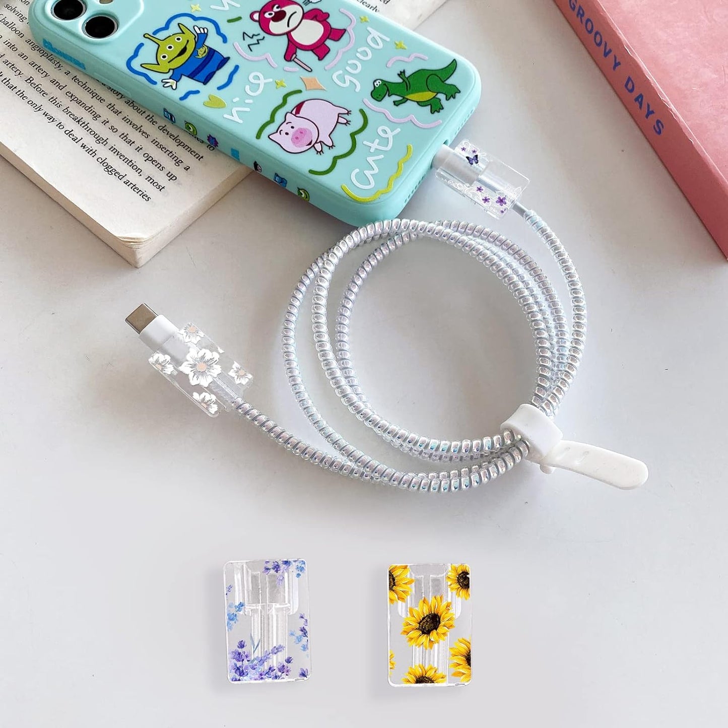 Flower Floral Lightning Cable Protector for Iphone Type-C Charger,Cute Lavender Sunflower Lace Blossom Pattern 4Pcs Set Phone Cable Protector,Charging Cord Protector,Charger Saver (Lightning Cable)