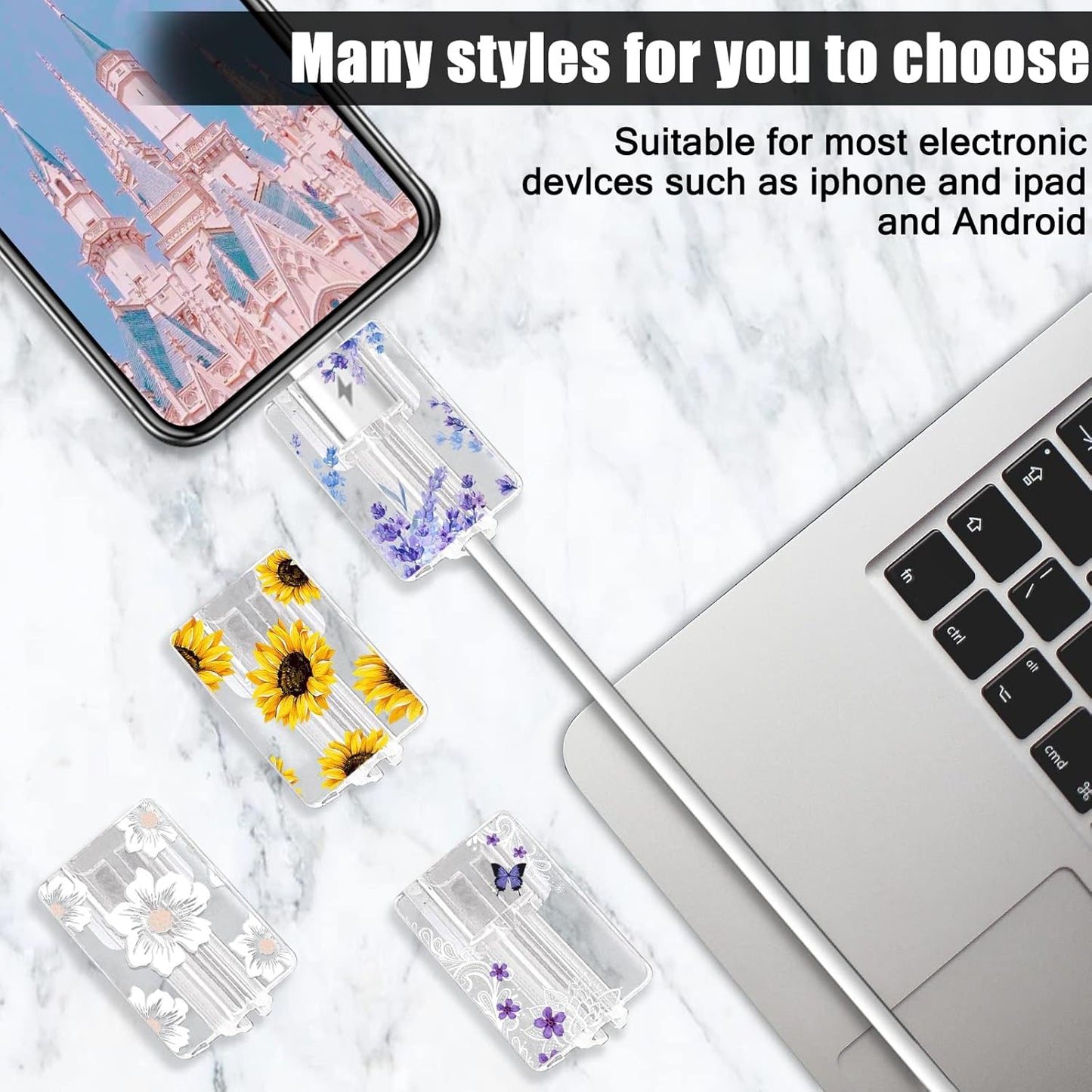 Flower Floral Lightning Cable Protector for Iphone Type-C Charger,Cute Lavender Sunflower Lace Blossom Pattern 4Pcs Set Phone Cable Protector,Charging Cord Protector,Charger Saver (Lightning Cable)