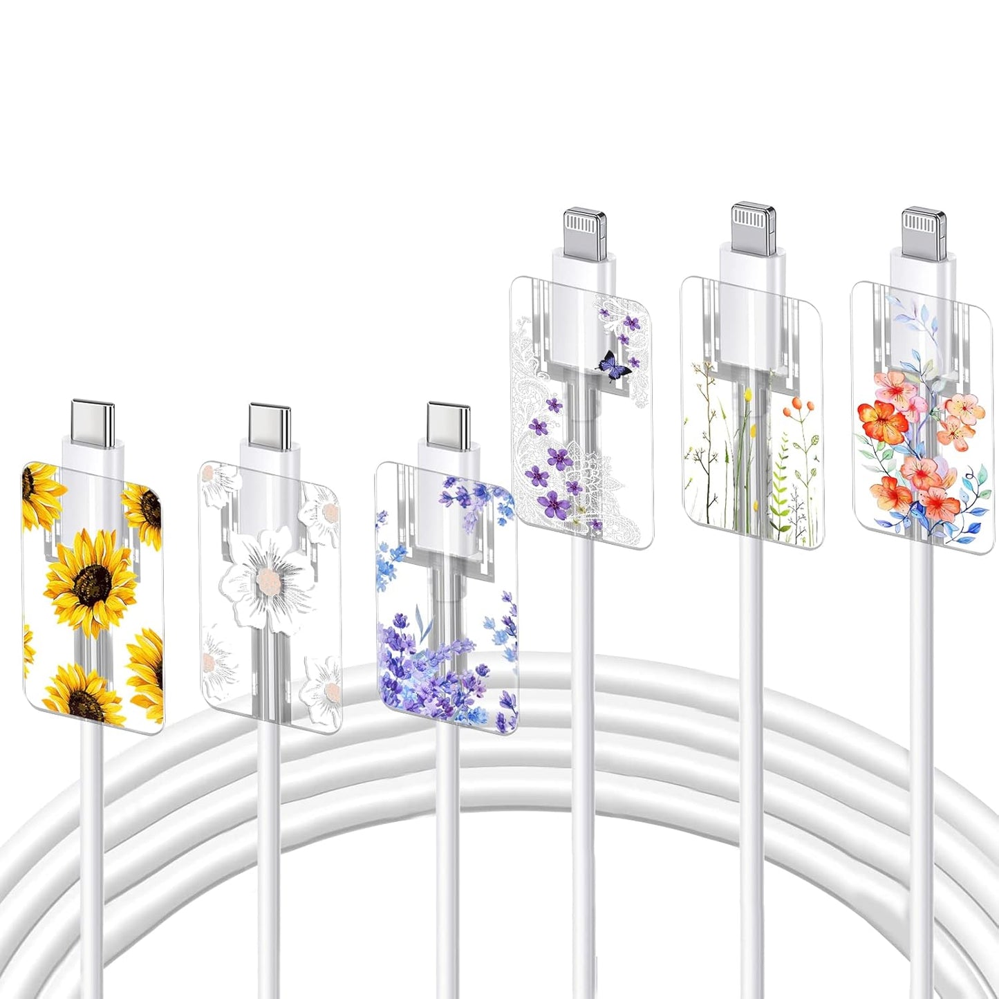 Flower Floral Lightning Cable Protector for Iphone Type-C Charger,Cute Lavender Sunflower Lace Blossom Pattern 4Pcs Set Phone Cable Protector,Charging Cord Protector,Charger Saver (Lightning Cable)