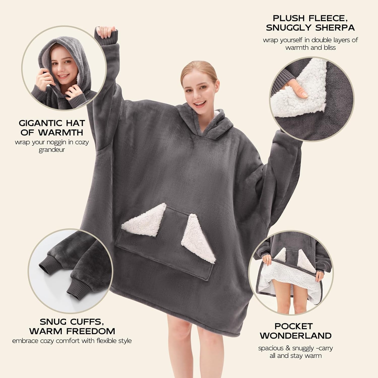 Wearable Blanket Hoodie, Oversized Sherpa Fleece Sweatshirt Blanket with Giant Hood Pocket and Sleeves for Adult, Warm & Cozy Grey Blanket Gifts for Women