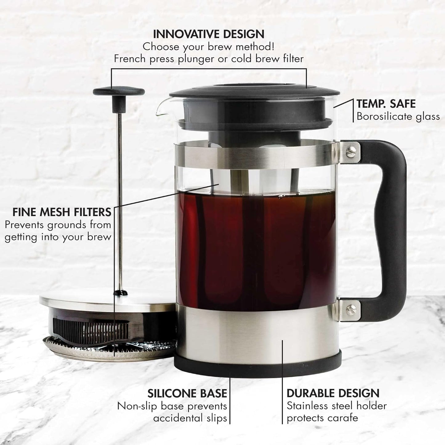 2-In-1 Coffee Maker, Make French Press Coffee and Cold Brew Coffee in One Coffee Maker, Comfort Grip Handle, Durable Glass Carafe, Perfect 6 Cup Size