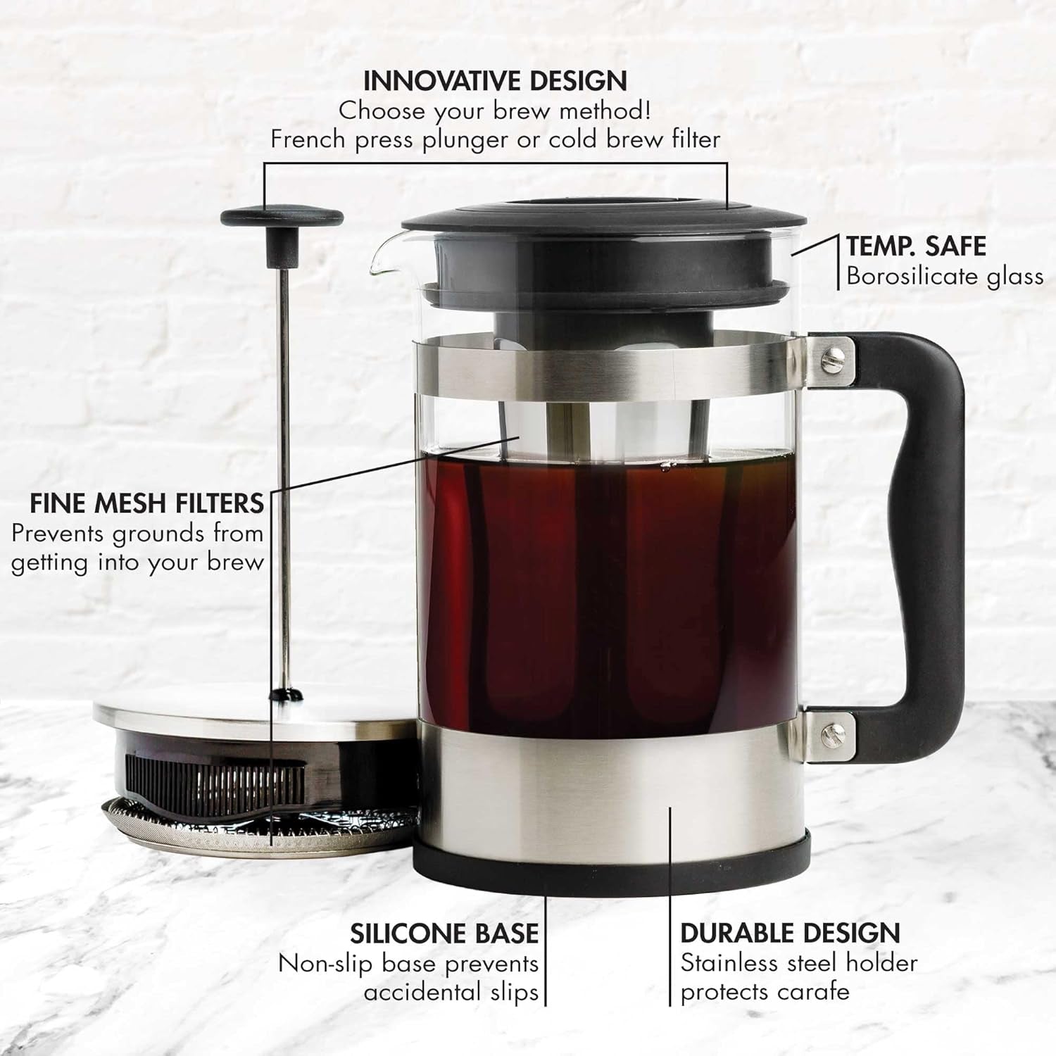 2-In-1 Coffee Maker, Make French Press Coffee and Cold Brew Coffee in One Coffee Maker, Comfort Grip Handle, Durable Glass Carafe, Perfect 6 Cup Size