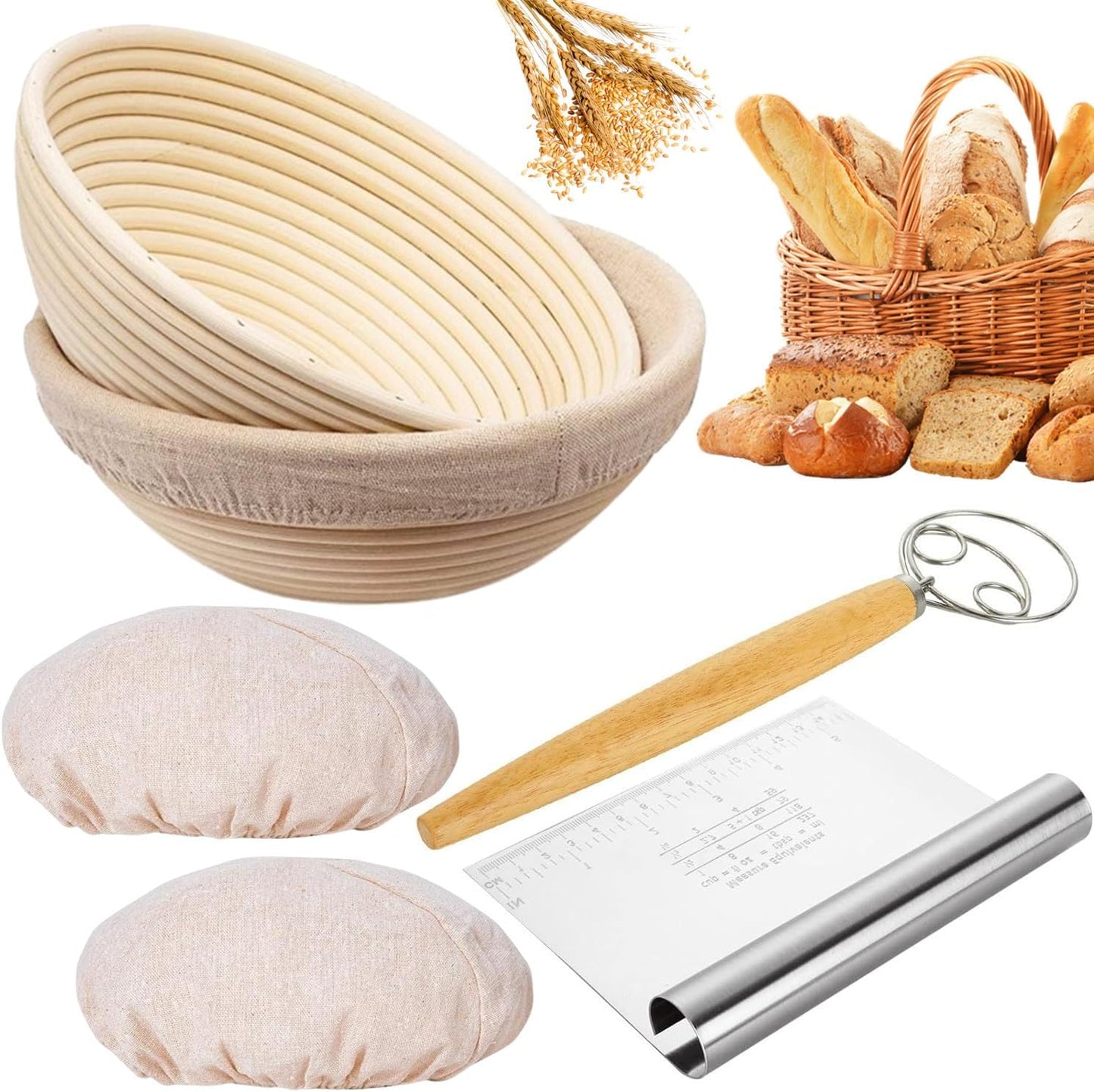 2 PACK Banneton Bread Proofing Basket, 9 Inch Banneton Basket Sourdough Proofing Basket with Liners, Sourdough Bread Baking Supplies with Dough Whisk and Stainless Steel Scraper for Bakers