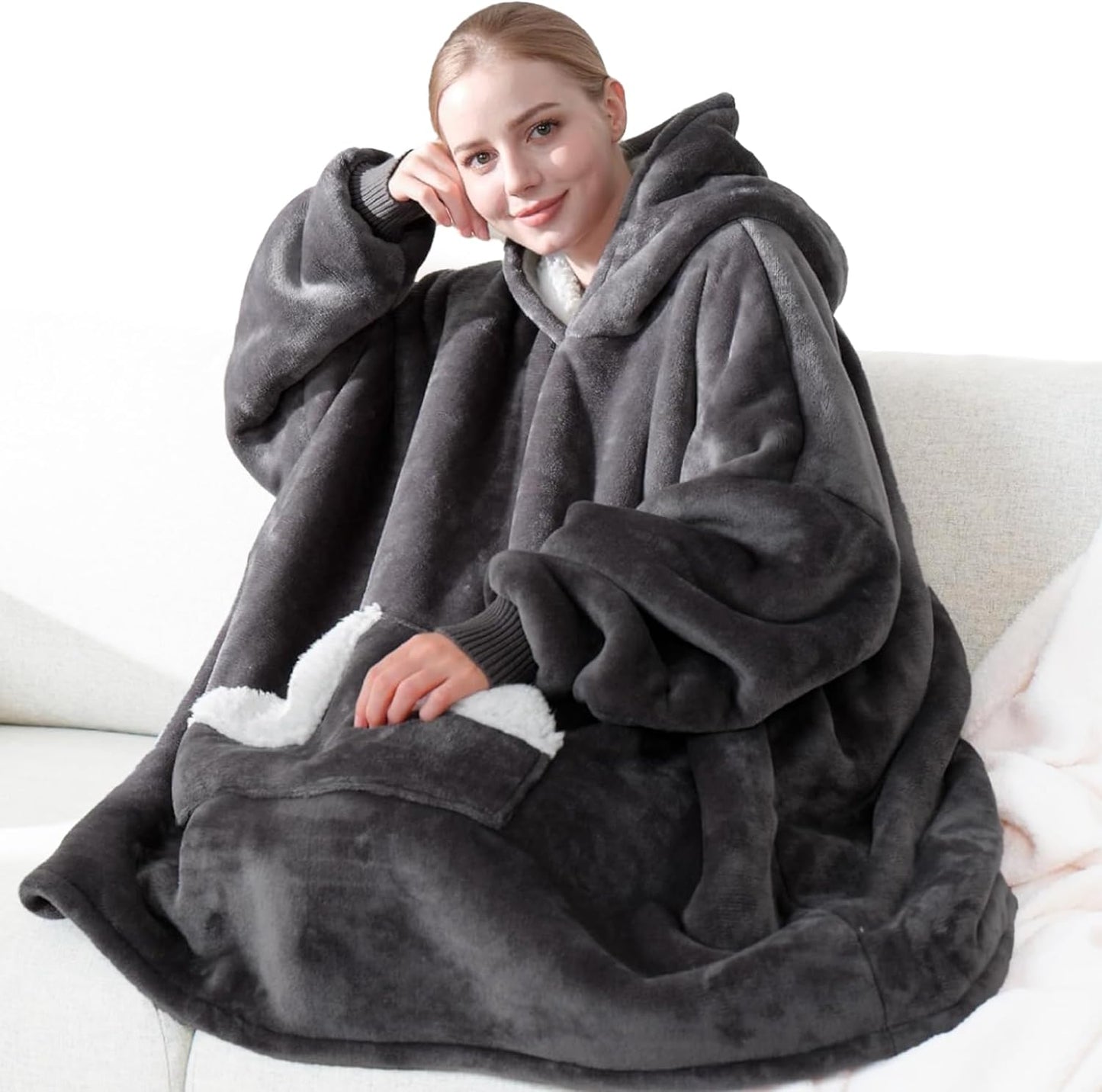 Wearable Blanket Hoodie, Oversized Sherpa Fleece Sweatshirt Blanket with Giant Hood Pocket and Sleeves for Adult, Warm & Cozy Grey Blanket Gifts for Women