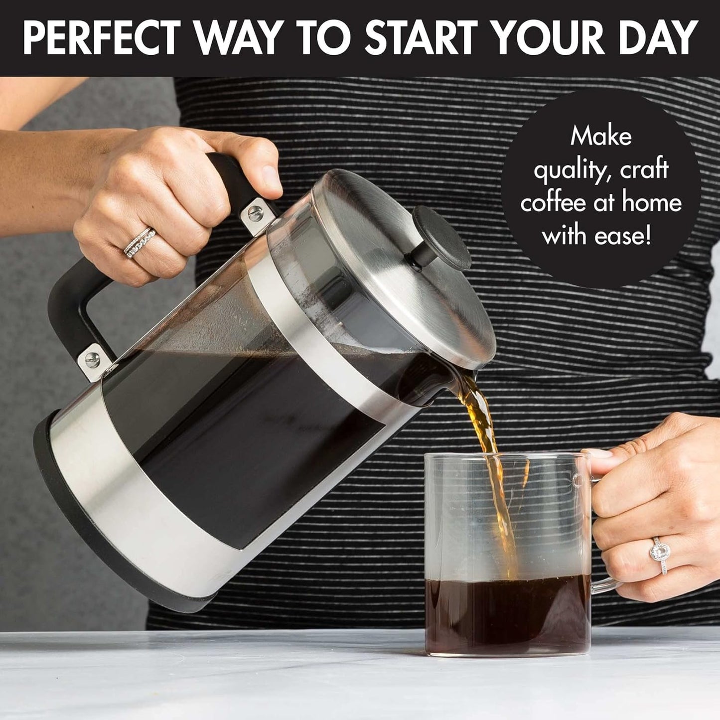 2-In-1 Coffee Maker, Make French Press Coffee and Cold Brew Coffee in One Coffee Maker, Comfort Grip Handle, Durable Glass Carafe, Perfect 6 Cup Size