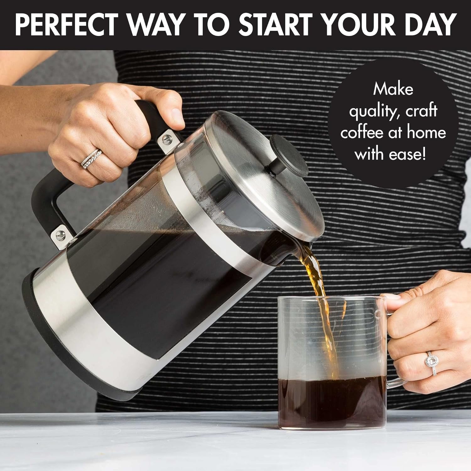 2-In-1 Coffee Maker, Make French Press Coffee and Cold Brew Coffee in One Coffee Maker, Comfort Grip Handle, Durable Glass Carafe, Perfect 6 Cup Size