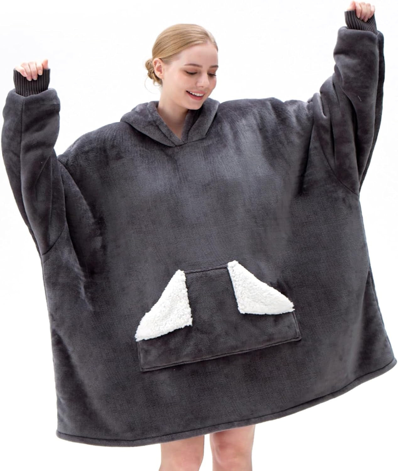 Wearable Blanket Hoodie, Oversized Sherpa Fleece Sweatshirt Blanket with Giant Hood Pocket and Sleeves for Adult, Warm & Cozy Grey Blanket Gifts for Women