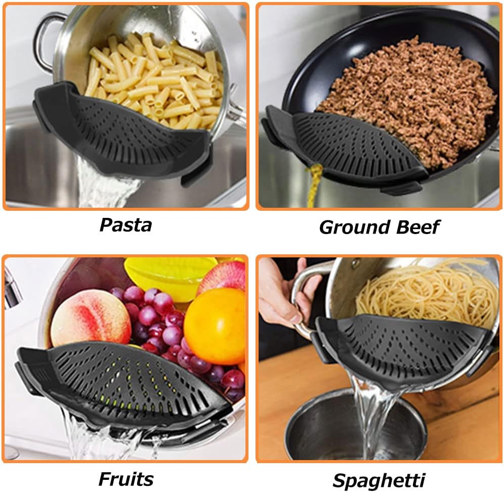 Clip on Strainer for Pots Pan Pasta Strainer, Silicone Food Strainer Hands-Free Pan Strainer, Clip-On Kitchen Food Strainer for Spaghetti, Pasta, Ground Beef Fits All Bowls and Pots (Black)