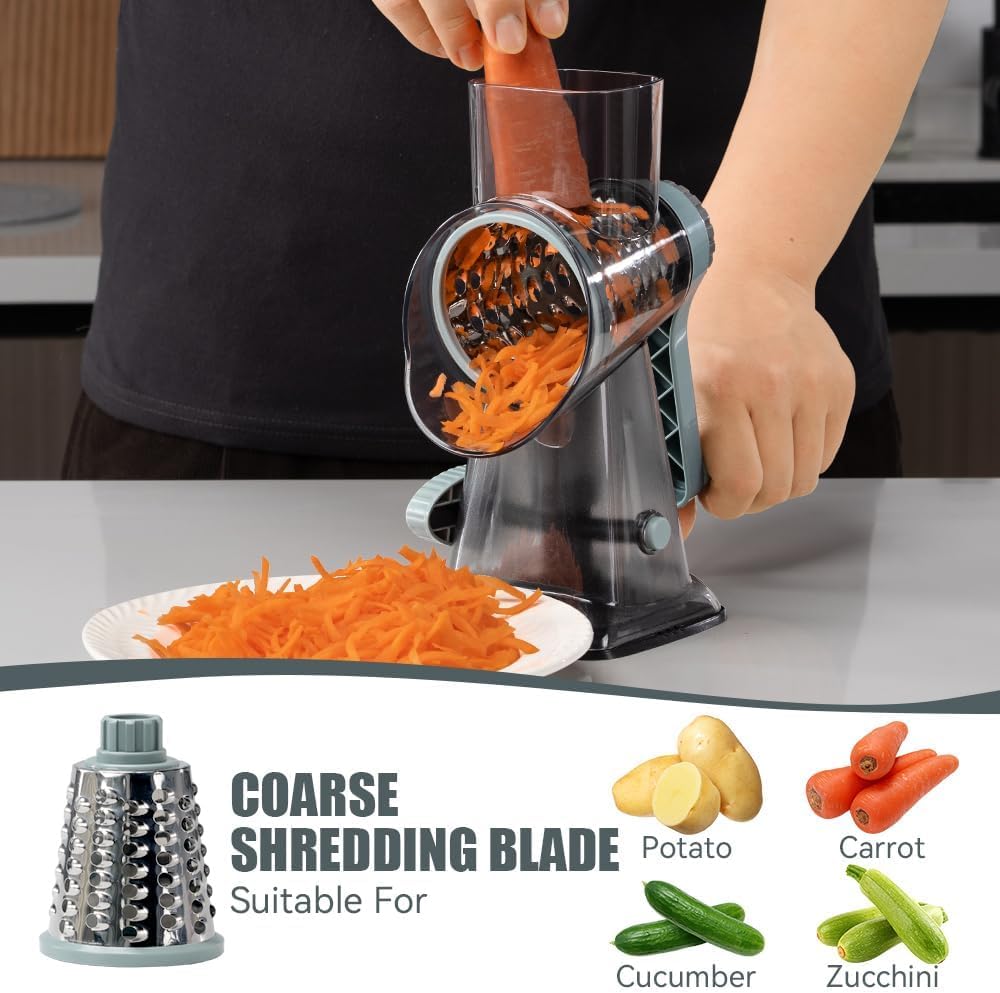 Rotary Cheese Grater with Handle Vegetable Cheese Shredder Slicer Grater for Kitchen 3 Changeable Blades for Cheese Potato Zucchini Nuts Chocolate - Greyblue