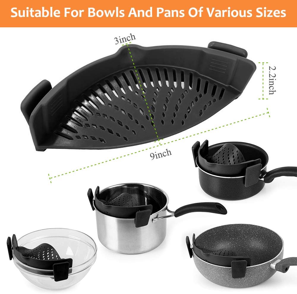 Clip on Strainer for Pots Pan Pasta Strainer, Silicone Food Strainer Hands-Free Pan Strainer, Clip-On Kitchen Food Strainer for Spaghetti, Pasta, Ground Beef Fits All Bowls and Pots (Black)