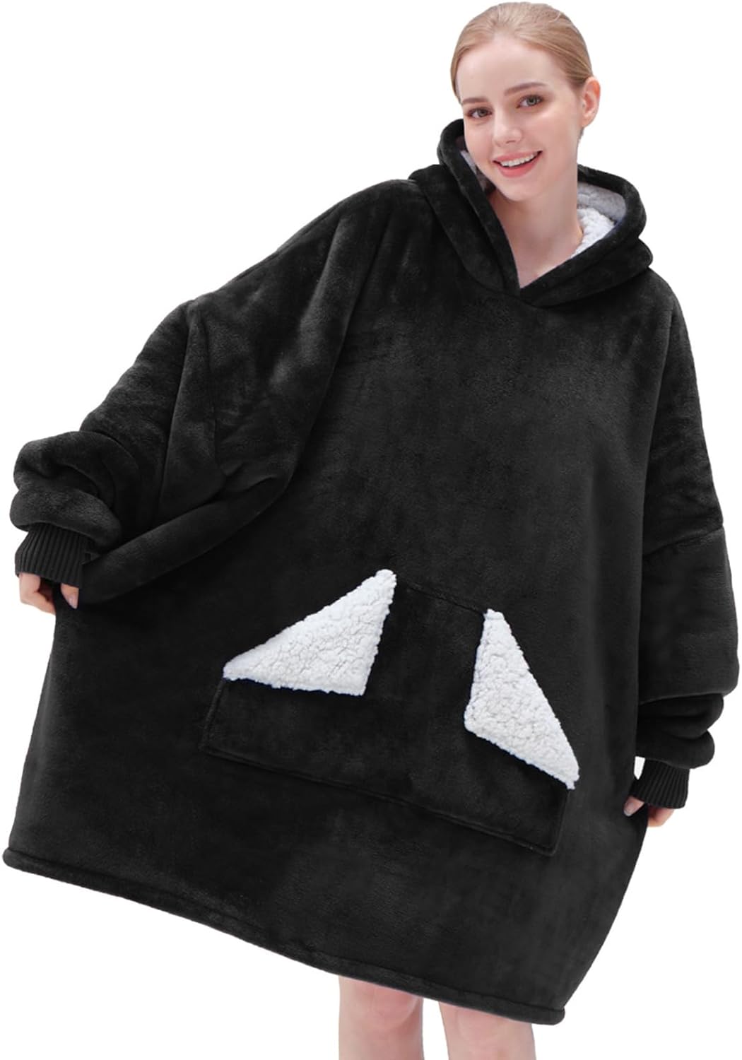 Wearable Blanket Hoodie, Oversized Sherpa Fleece Sweatshirt Blanket with Giant Hood Pocket and Sleeves for Adult, Warm & Cozy Grey Blanket Gifts for Women