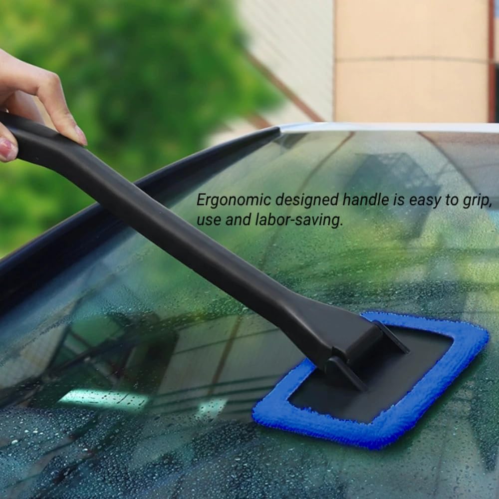 6Pcs Windshield Cleaning Tool,Car Window Cleaner with 6 Reusable and Washable Microfiber Pads and Extendable Handle Auto inside Glass Wiper