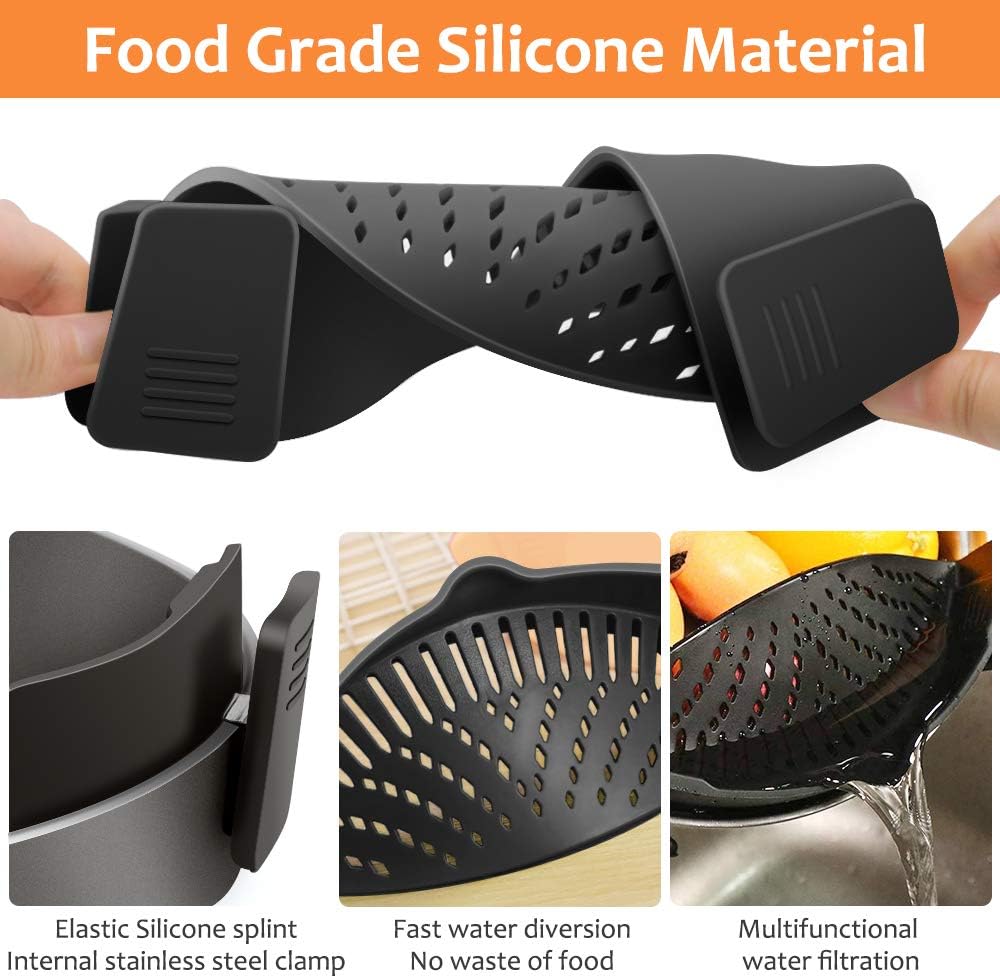 Clip on Strainer for Pots Pan Pasta Strainer, Silicone Food Strainer Hands-Free Pan Strainer, Clip-On Kitchen Food Strainer for Spaghetti, Pasta, Ground Beef Fits All Bowls and Pots (Black)