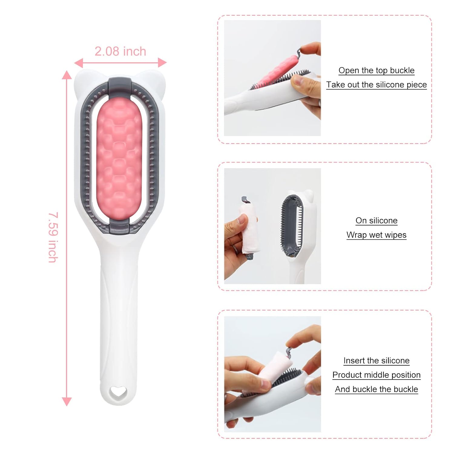 4 in 1 Universal Pet Grooming Tool - Hair Remover Comb, Multifunctional Brushing Tool for Knot Removal and Cleaning (Pink)