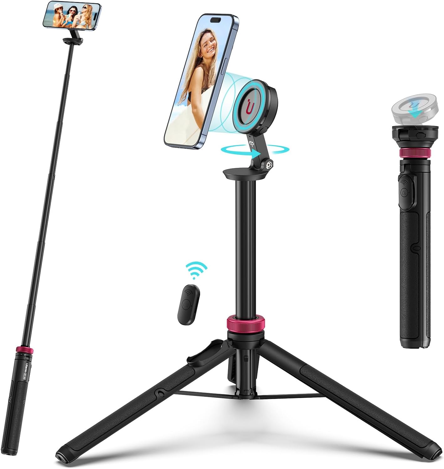 61'' Magnetic Selfie Stick Phone Tripod with Wireless Remote, Extendable Cell Phone Tripod Stand, Compatible with Magsafe, Cellphone Tripod for Iphone 16 15 14 13 12 Series and Android Phones