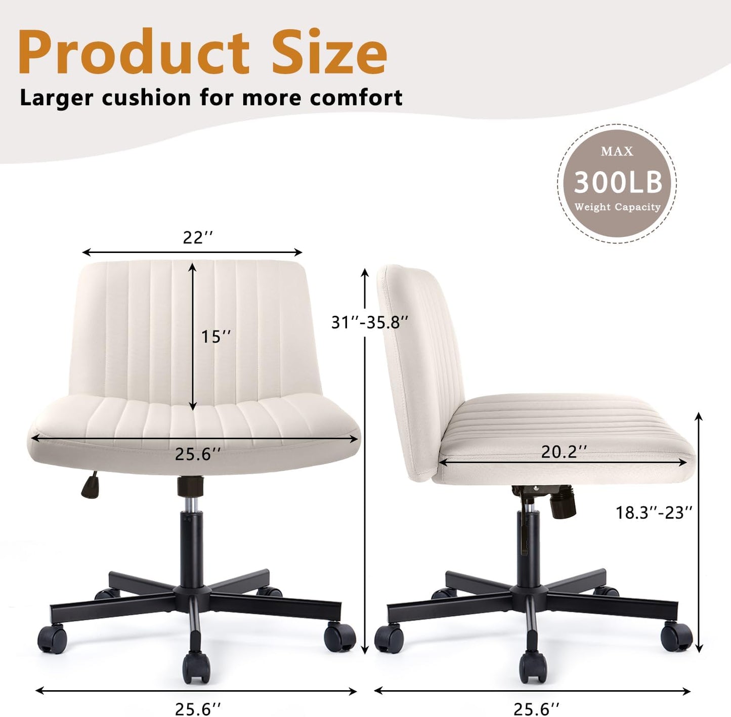 Criss Cross Chair with Wheels, Cross Legged Office Vanity Chair with Wheels, Comfortable Beige Vanity Chair with Back, Armless Fabric Adjustable Wide Swivel Criss Cross Desk Chair for Home Office