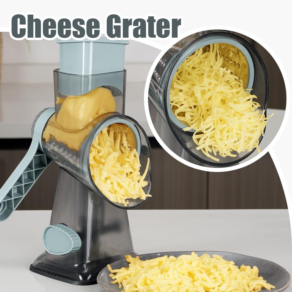 Rotary Cheese Grater with Handle Vegetable Cheese Shredder Slicer Grater for Kitchen 3 Changeable Blades for Cheese Potato Zucchini Nuts Chocolate - Greyblue