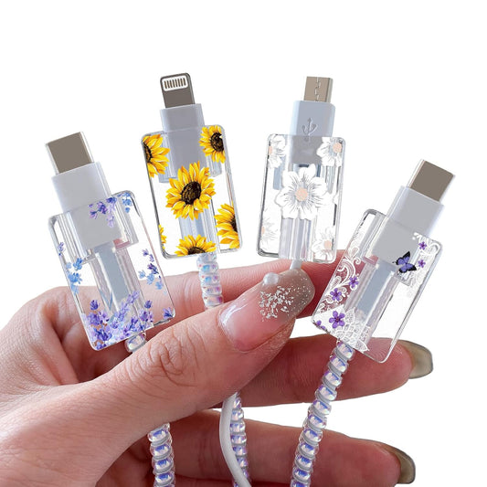 Flower Floral Lightning Cable Protector for Iphone Type-C Charger,Cute Lavender Sunflower Lace Blossom Pattern 4Pcs Set Phone Cable Protector,Charging Cord Protector,Charger Saver (Lightning Cable)