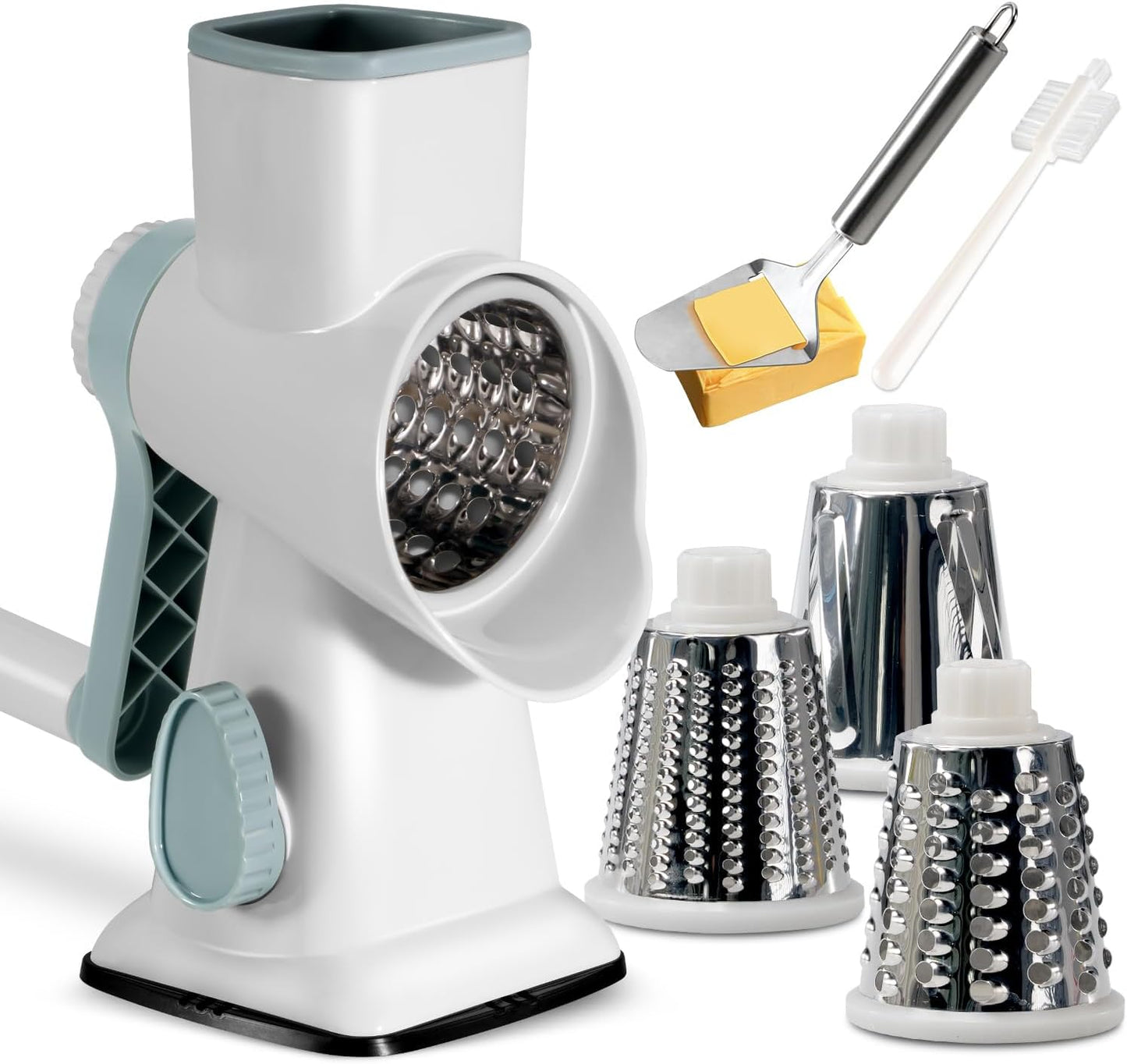 Rotary Cheese Grater with Handle Vegetable Cheese Shredder Slicer Grater for Kitchen 3 Changeable Blades for Cheese Potato Zucchini Nuts Chocolate - Greyblue