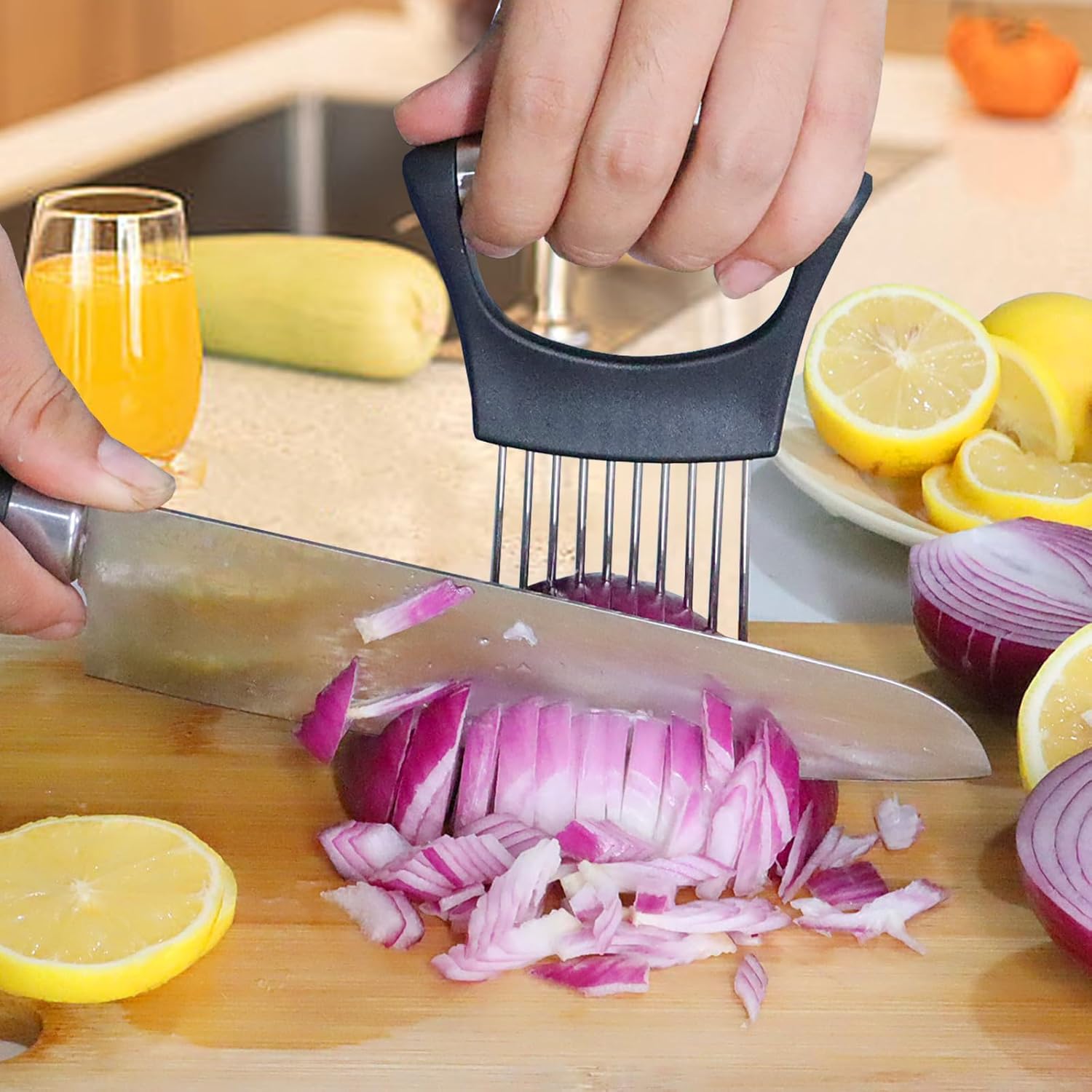 Onion Holder for Slicing, Lemon Slicer Onion Cutter for Slicing, Vegetable Cutter for Potato and Tomato, Avocados, Eggs, Food Slicer Assistant Tool for Slicing Fruit Lemon and Meat