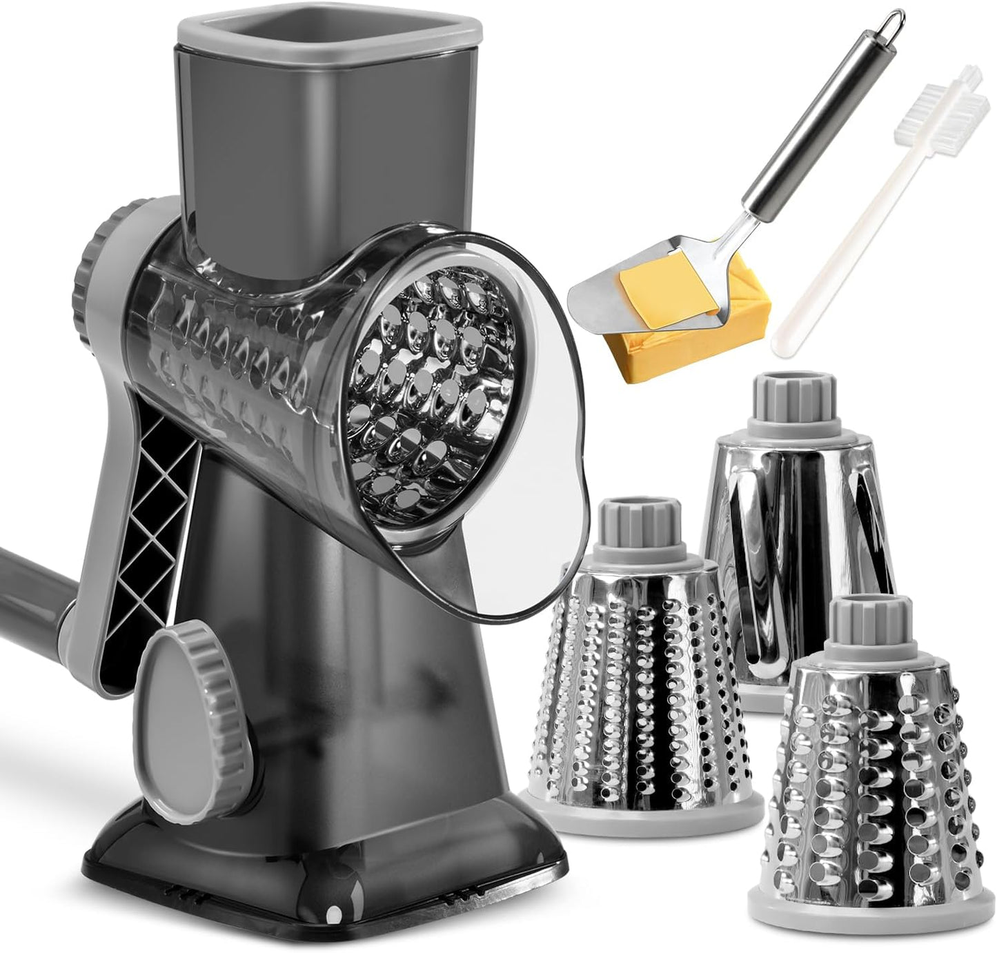 Rotary Cheese Grater with Handle Vegetable Cheese Shredder Slicer Grater for Kitchen 3 Changeable Blades for Cheese Potato Zucchini Nuts Chocolate - Greyblue