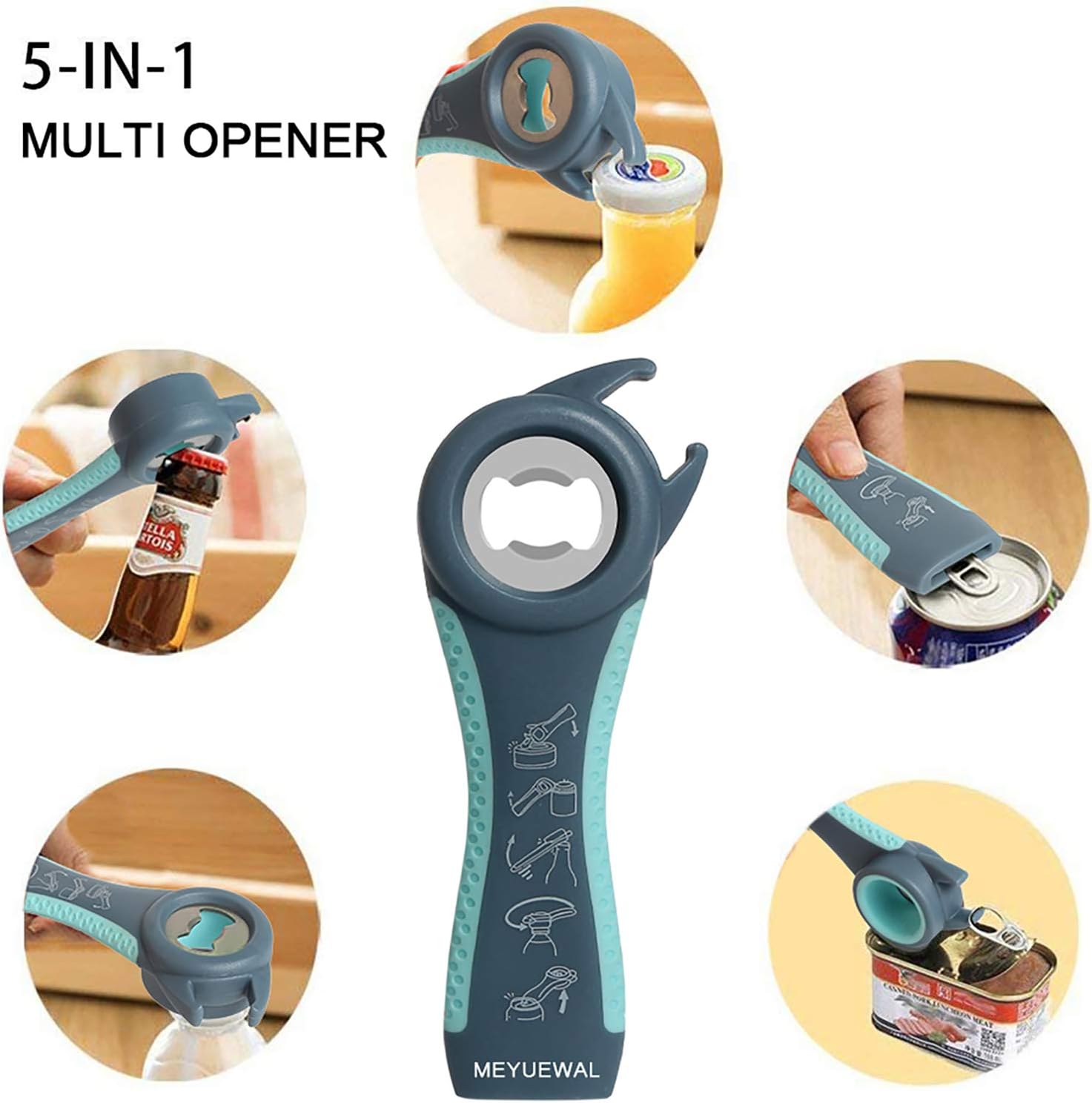 Jar Opener, 5 in 1 Multi Function Can Opener Bottle Opener Kit with Silicone Handle Easy to Use for Children, Elderly and Arthritis Sufferers (New Blue)