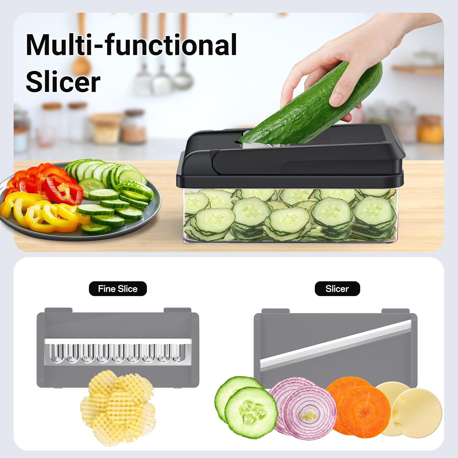 12-In-1 Vegetable Chopper, Kitchen Gadgets, Veggie Chopper, Food Chopper, Onion Chopper, Cucumber Slicer, Versatile Mandoline with 7 Blades, Includes Egg Separator & Finger Guard, Gray