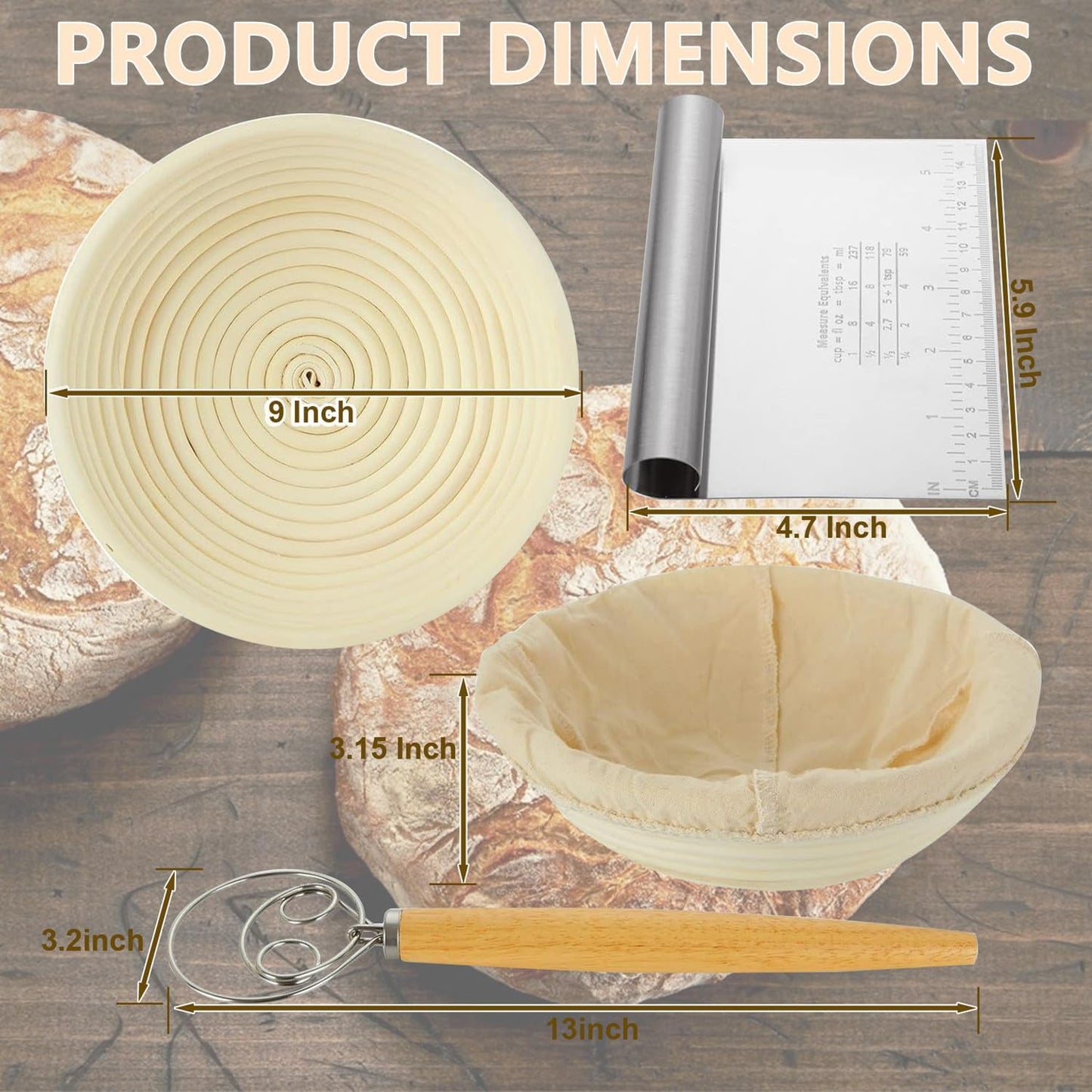 2 PACK Banneton Bread Proofing Basket, 9 Inch Banneton Basket Sourdough Proofing Basket with Liners, Sourdough Bread Baking Supplies with Dough Whisk and Stainless Steel Scraper for Bakers