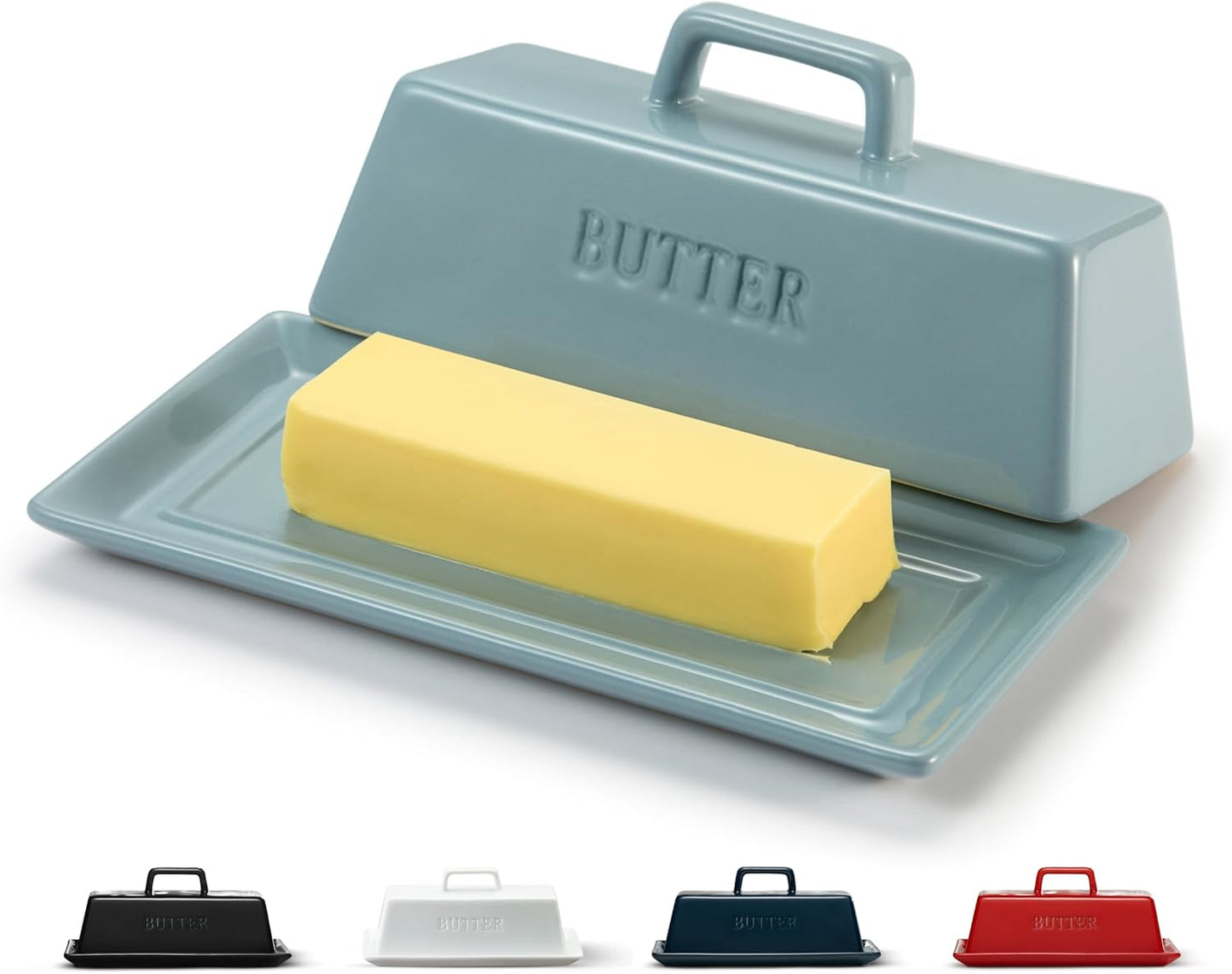 Ceramic Butter Dish with Lid, Kitchen Countertop Butter Keeper, Serving Tray with Cover, Storage Container, Holds 1 Stick, Microwave and Dishwasher Safe, Navy