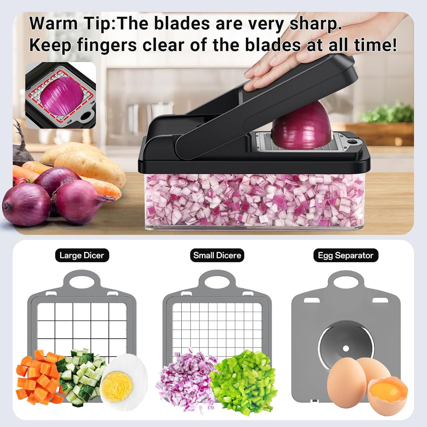 12-In-1 Vegetable Chopper, Kitchen Gadgets, Veggie Chopper, Food Chopper, Onion Chopper, Cucumber Slicer, Versatile Mandoline with 7 Blades, Includes Egg Separator & Finger Guard, Gray