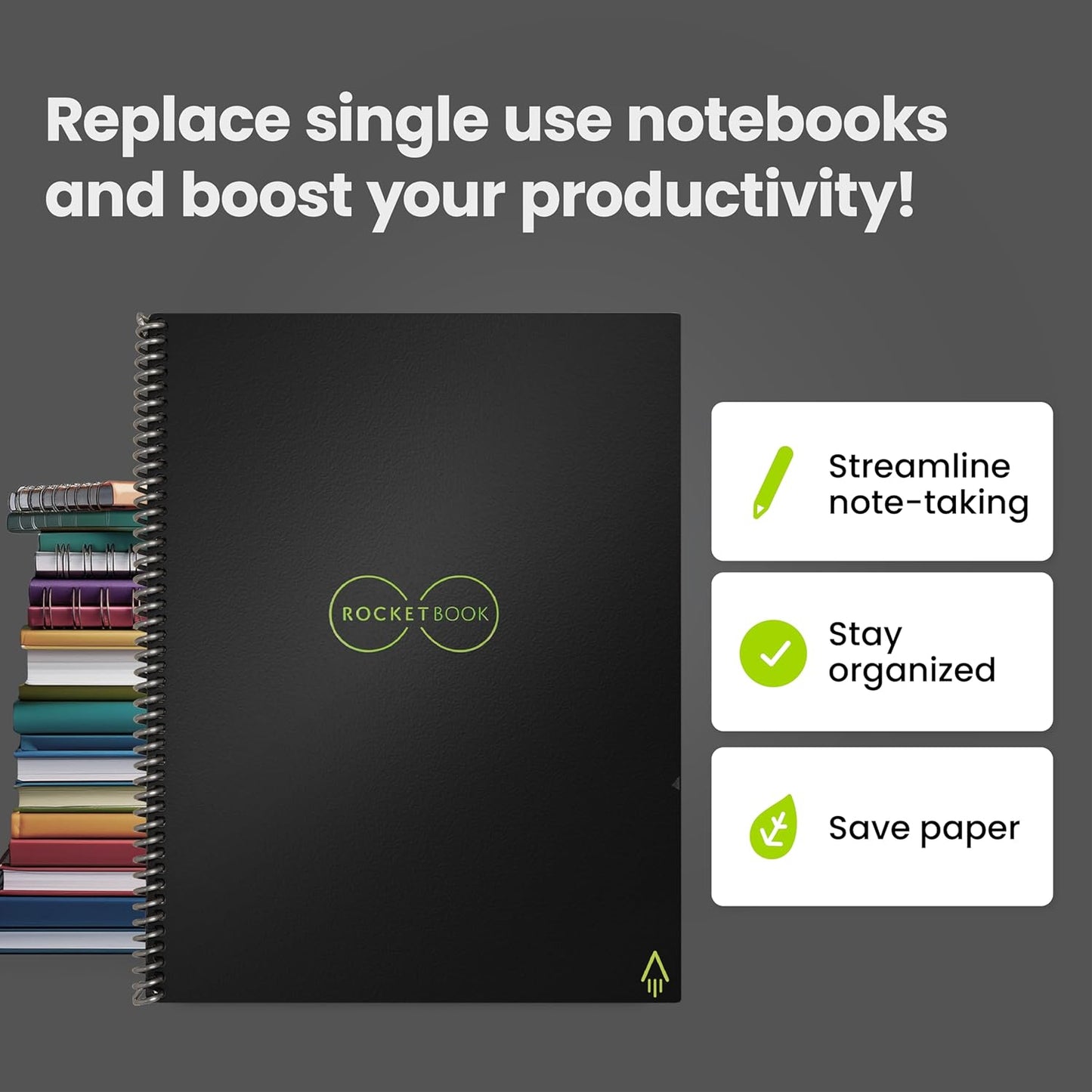 Core Reusable Spiral Notebook, Letter Size 8.5X11, Black - Dotted Pages, App-Connected, Erasable, Durable Cover, Ideal for School, Work, and Creative Projects