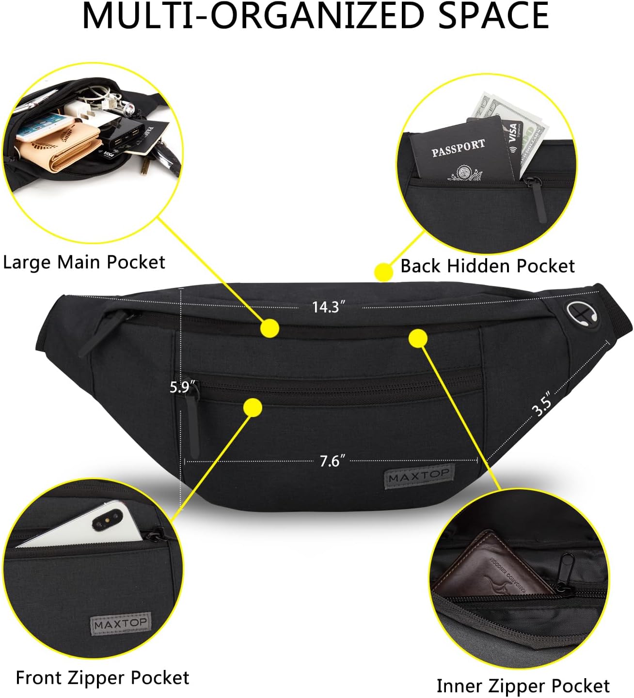 Large Crossbody Fanny Pack with 4-Zipper Pockets,Gifts for Enjoy Sports Festival Workout Traveling Running Casual Hands-Free Wallets Waist Pack Phone Bag Carrying All Phones