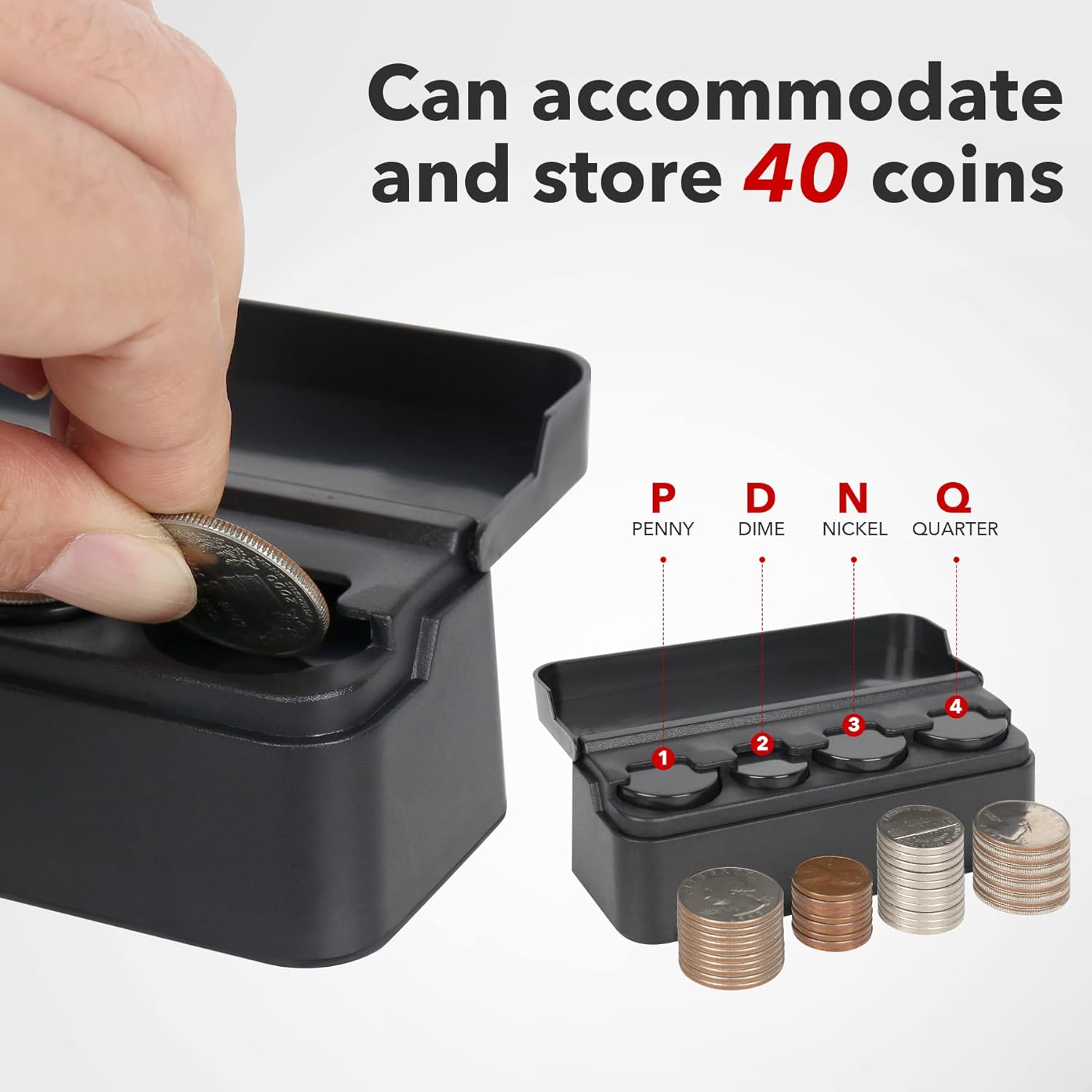 Coin Holder for Car, Coin Change Organizer Compatible with Coins of Different Sizes, Dash-Mounted Holder Suitable for Most Cars, Trucks(Black)