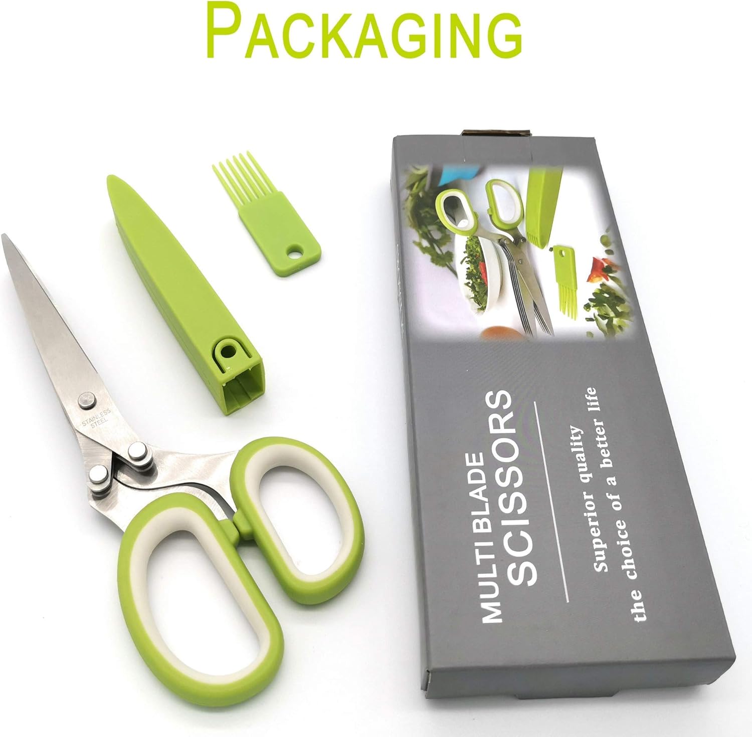 Updated Herb Scissors Set - Herb Scissors with 5 Blades and Cover, Cool Kitchen Gadgets for Cutting Shredded Lettuce, Cilantro Fresh, Green Onion Fresh and Etc. Also Can Used for Cutting Paper.