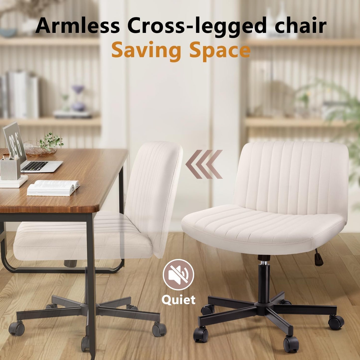 Criss Cross Chair with Wheels, Cross Legged Office Vanity Chair with Wheels, Comfortable Beige Vanity Chair with Back, Armless Fabric Adjustable Wide Swivel Criss Cross Desk Chair for Home Office