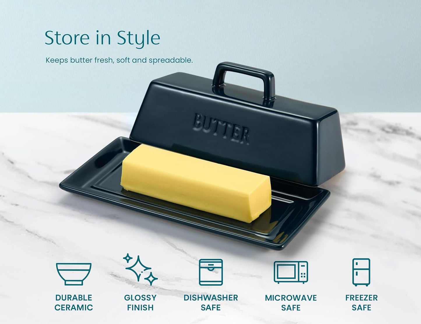 Ceramic Butter Dish with Lid, Kitchen Countertop Butter Keeper, Serving Tray with Cover, Storage Container, Holds 1 Stick, Microwave and Dishwasher Safe, Navy