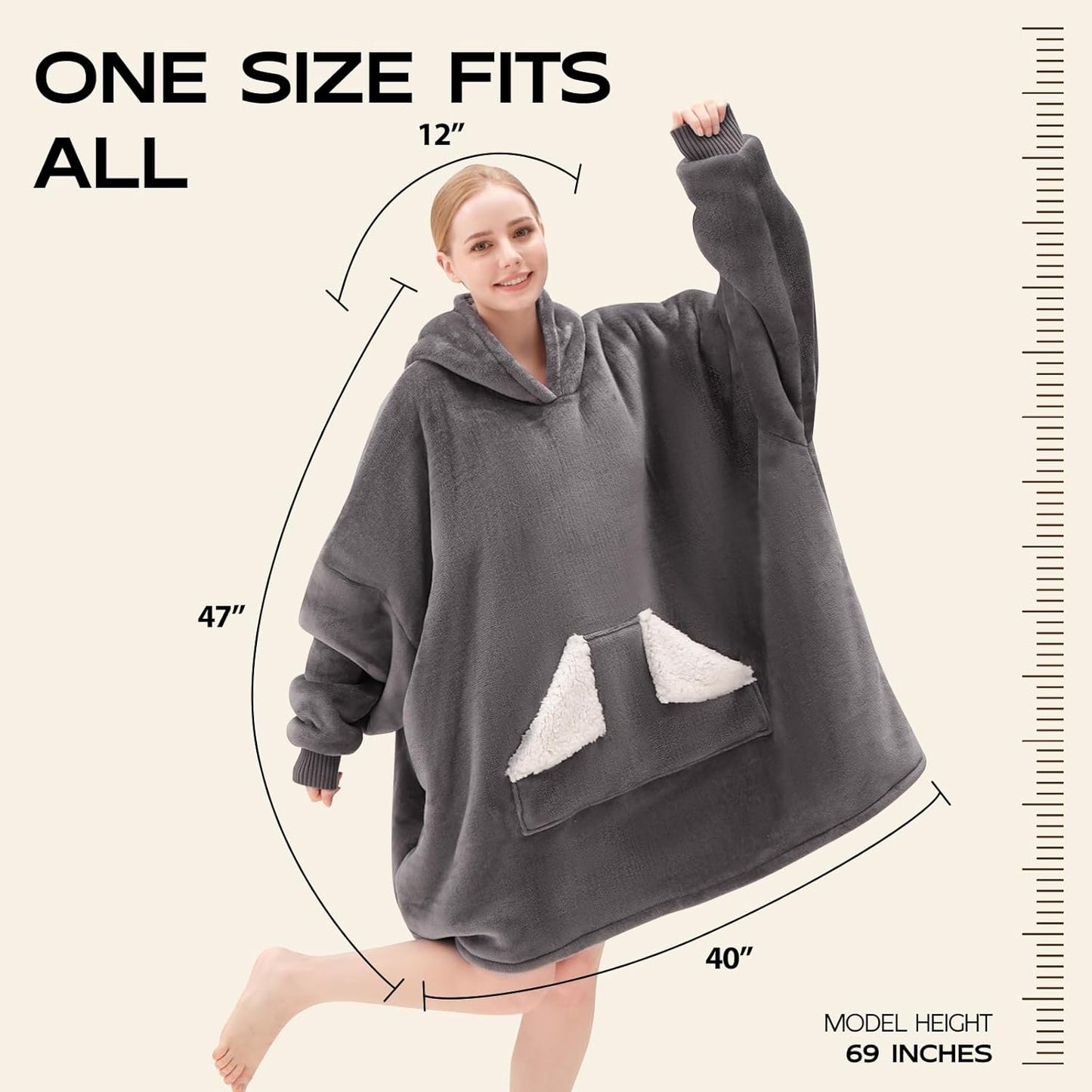 Wearable Blanket Hoodie, Oversized Sherpa Fleece Sweatshirt Blanket with Giant Hood Pocket and Sleeves for Adult, Warm & Cozy Grey Blanket Gifts for Women