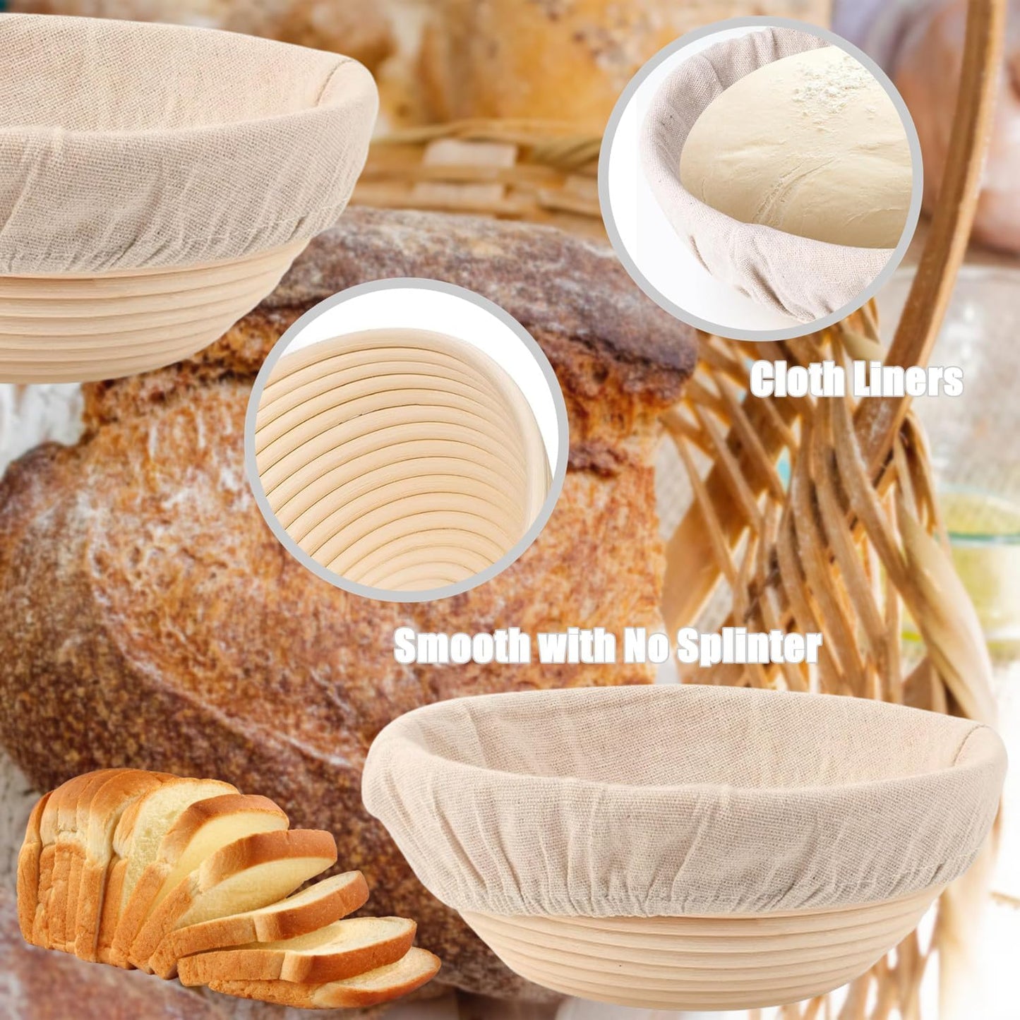 2 PACK Banneton Bread Proofing Basket, 9 Inch Banneton Basket Sourdough Proofing Basket with Liners, Sourdough Bread Baking Supplies with Dough Whisk and Stainless Steel Scraper for Bakers