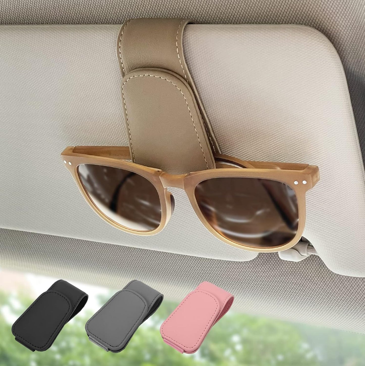 Magnetic Leather Sunglass Holder, Eyeglass Hanger Clip for Car Sun Visor, Suitable for Different Size Eyeglasses(Gray, 1 Pack)