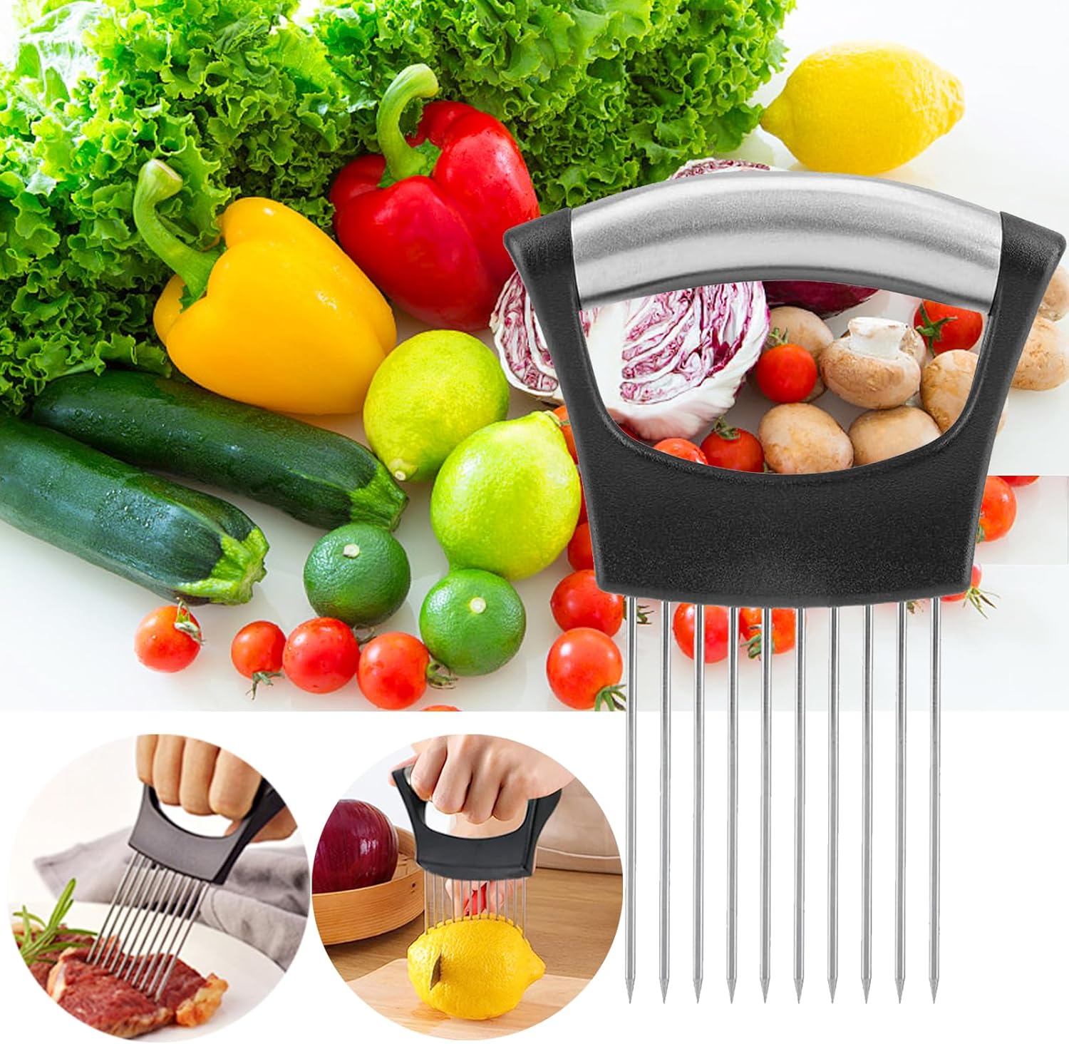 Onion Holder for Slicing, Lemon Slicer Onion Cutter for Slicing, Vegetable Cutter for Potato and Tomato, Avocados, Eggs, Food Slicer Assistant Tool for Slicing Fruit Lemon and Meat