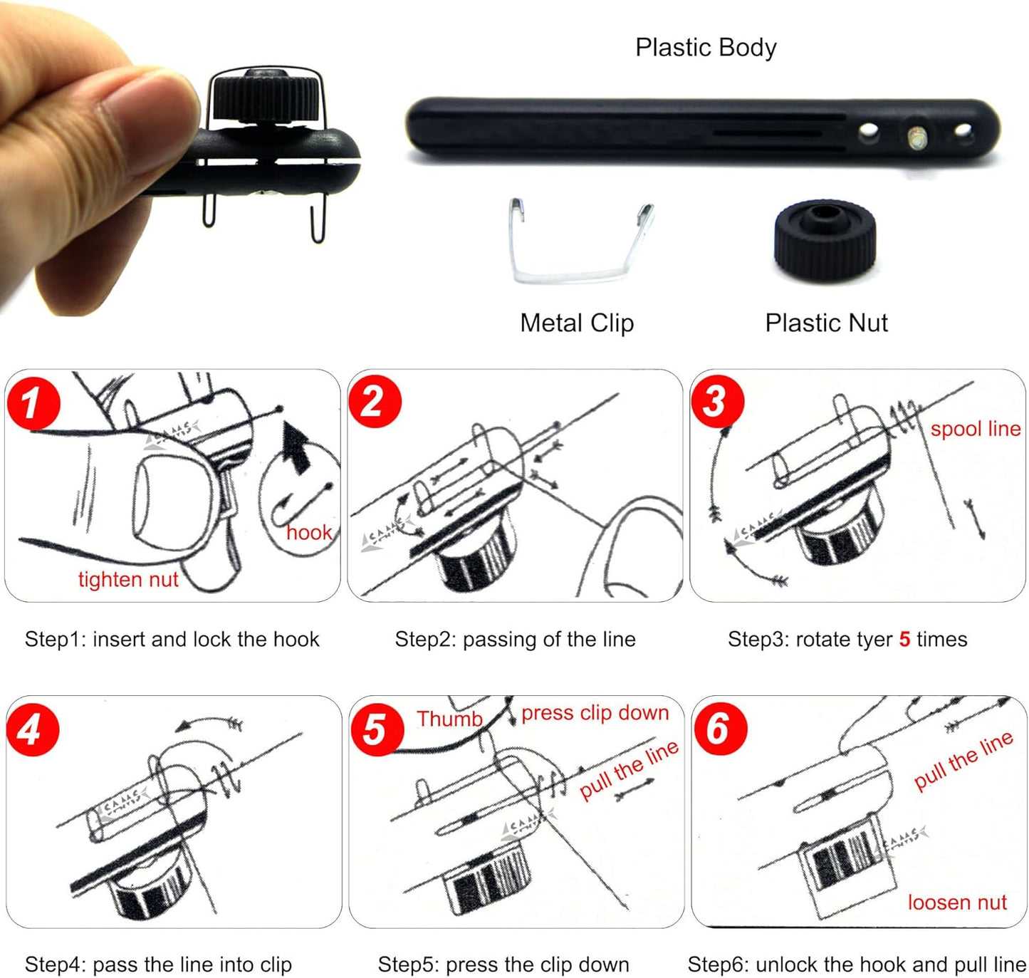 Fishing Knot Tying Tool, Quick Loop Tyer, Hook Remover, Hair Rig Tying Tool and Zinger Retractors