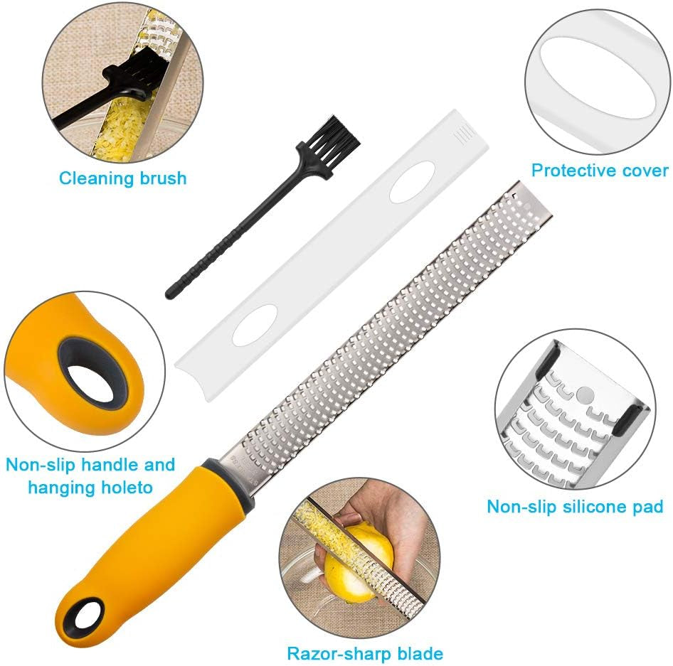 Lemon Zester, Hand Cheese Grater, Zester Grater with Handle, with Razor-Sharp Stainless Steel Blade, Protective Cover and Cleaning Brush, Dishwasher Safe, by